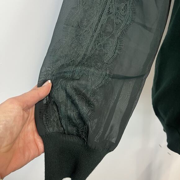 Adrianna Papell Pullover Sweater Top sz Medium Hunter Green Lace Dressy Stretch - Picture 4 of 7